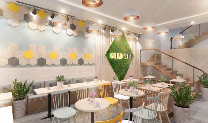 Hình ảnh thiết kế thi công quán trà sữa Gold Tea tại Lộc Ninh, Bình Phước.