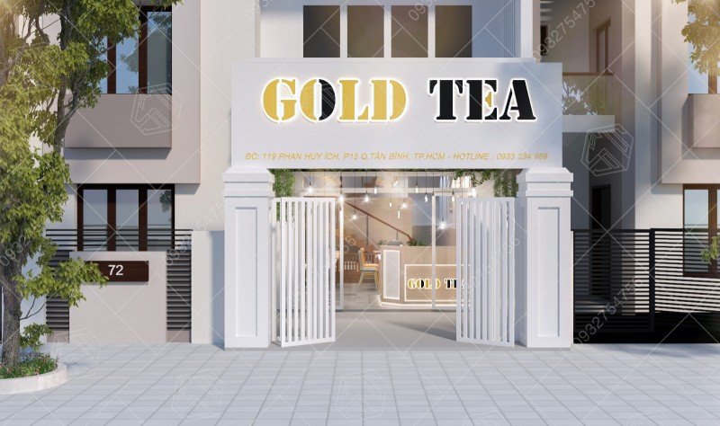 Hình ảnh thiết kế thi công quán trà sữa Gold Tea tại Lộc Ninh, Bình Phước.