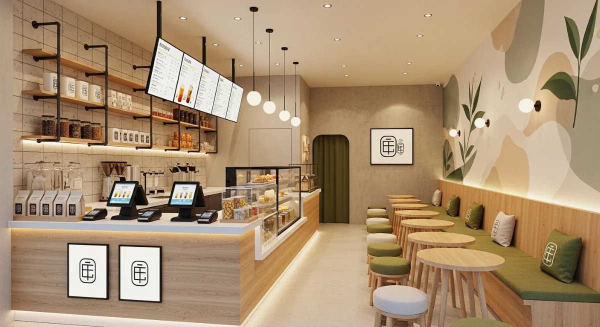 Thiết kế quán trà sữa nhỏ 20m2 tối ưu không gian hiện đại