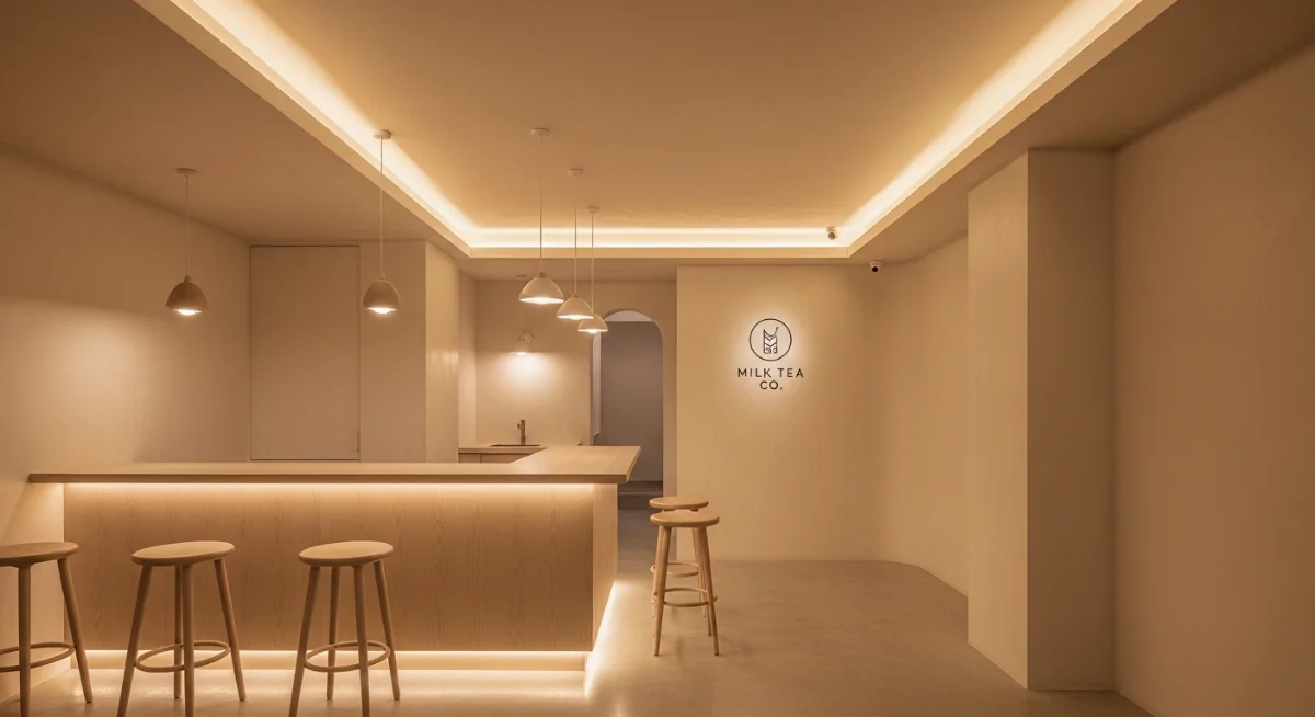 Không gian quán trà sữa màu be trung tính phong cách minimalist tiết kiệm chi phí