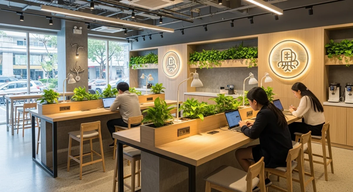 Thiết kế quán trà sữa hiện đại cho dân văn phòng, có khu vực làm việc tiện nghi