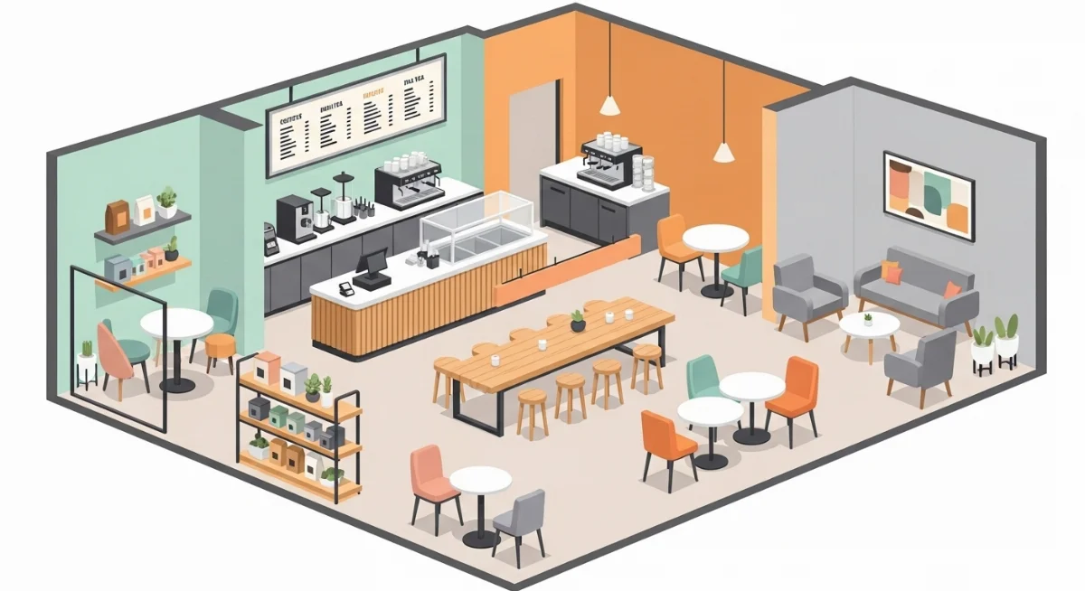 Bàn làm việc với bản vẽ thiết kế quán cà phê và các tài liệu liên quan