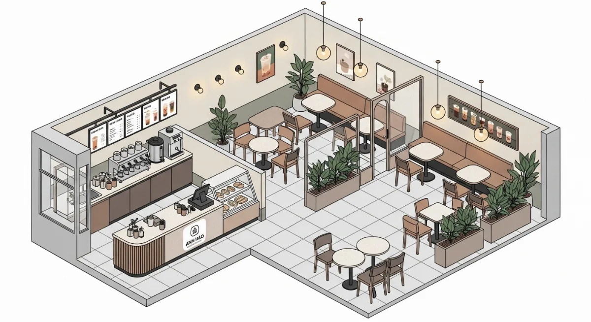 Thiết kế nội thất quán trà sữa có vật liệu chống ẩm và hệ thống thông gió hiện đại