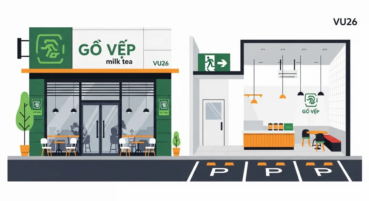 Bãi đậu xe quán trà sữa Gò Vấp được thiết kế thông minh, có vạch kẻ và mái che tiện lợi