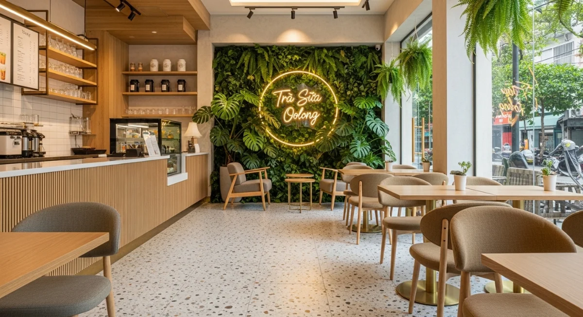 Không gian quán trà sữa hiện đại sử dụng gạch Terrazzo với màu sắc tươi sáng