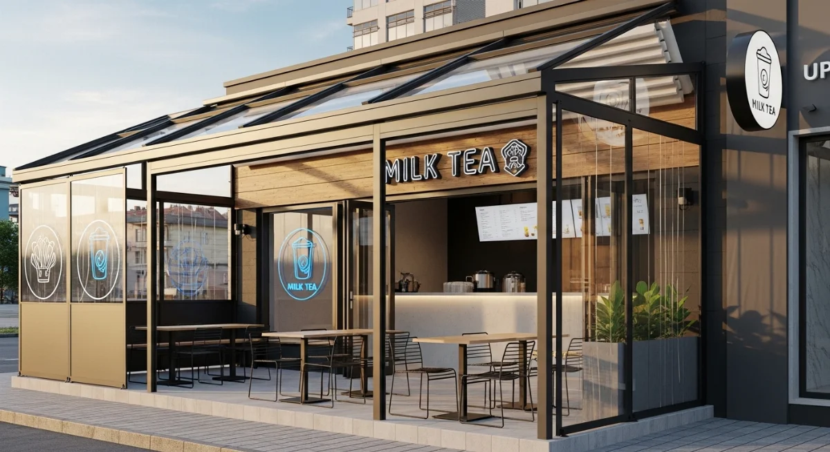 Thiết kế quán trà sữa vỉa hè hiện đại với mái che di động, thu hút khách hàng