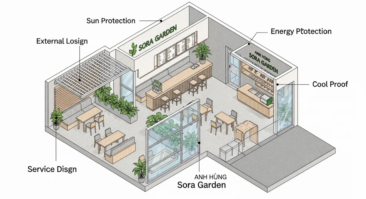 Khách hàng thư giãn dưới tán che mát, tận hưởng đồ uống tại Sora Garden.
