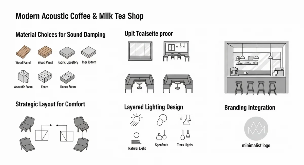 Một góc quán cafe acoustic hiện đại với bảng menu và quầy bar được thiết kế tối giản