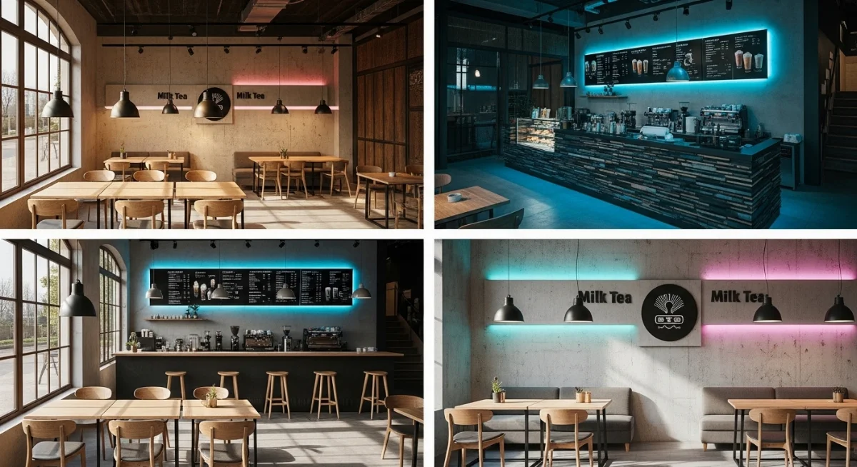 Không gian quán cà phê hiện đại với hệ thống đèn LED thông minh đa dạng