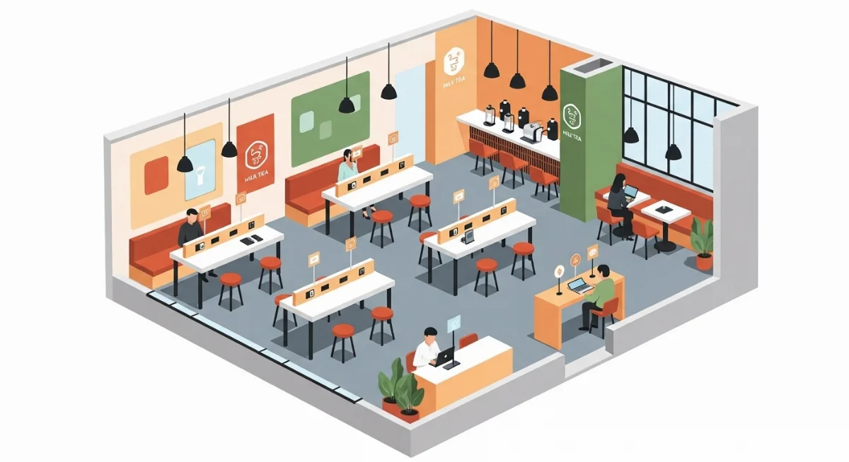 Khu vực làm việc tiện lợi với nhiều ổ cắm sạc USB ở quán trà sữa