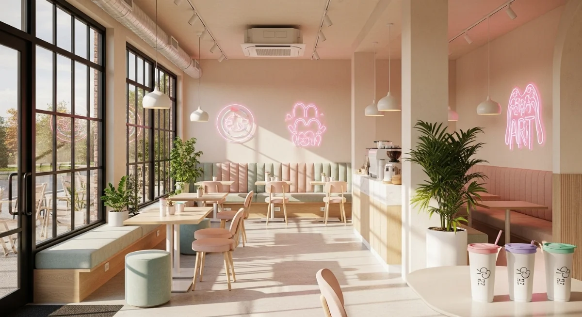 Thiết kế quán cafe Hàn Quốc hiện đại với cửa sổ lớn, ánh sáng tự nhiên