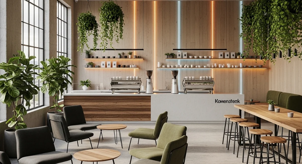 Không gian quán cà phê phong cách công nghiệp với nội thất gỗ kim loại hiện đại