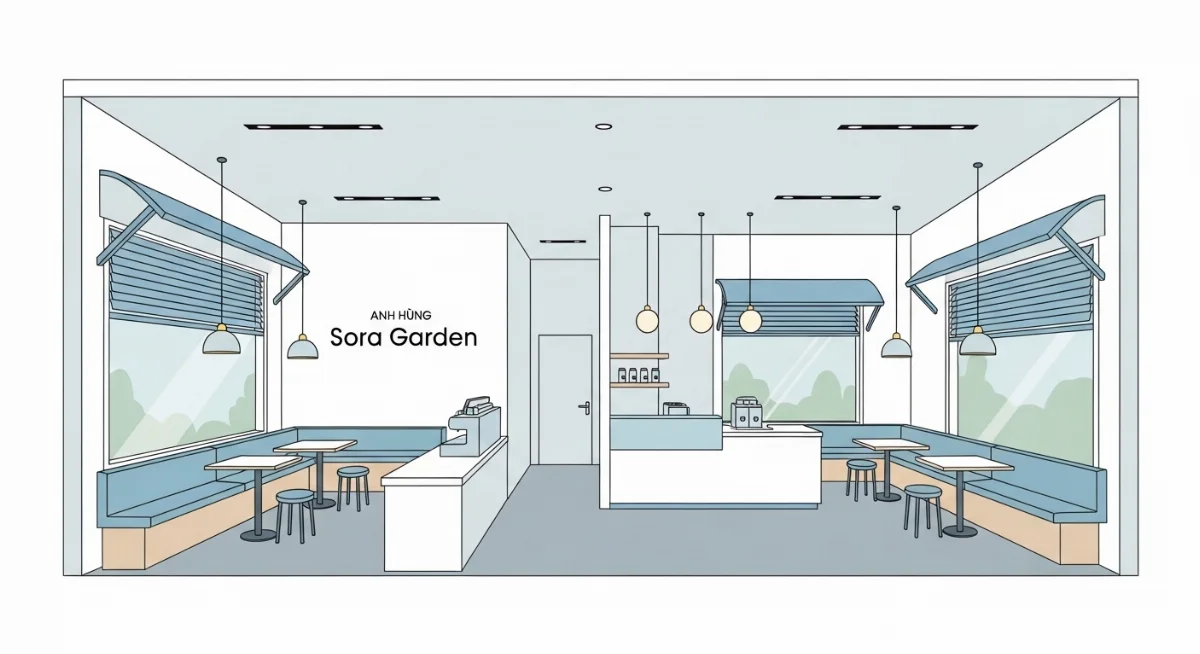 Phân tích nhiệt độ và luồng khí tại quán trà sữa Sora Garden trước khi cải tạo chống nắng.
