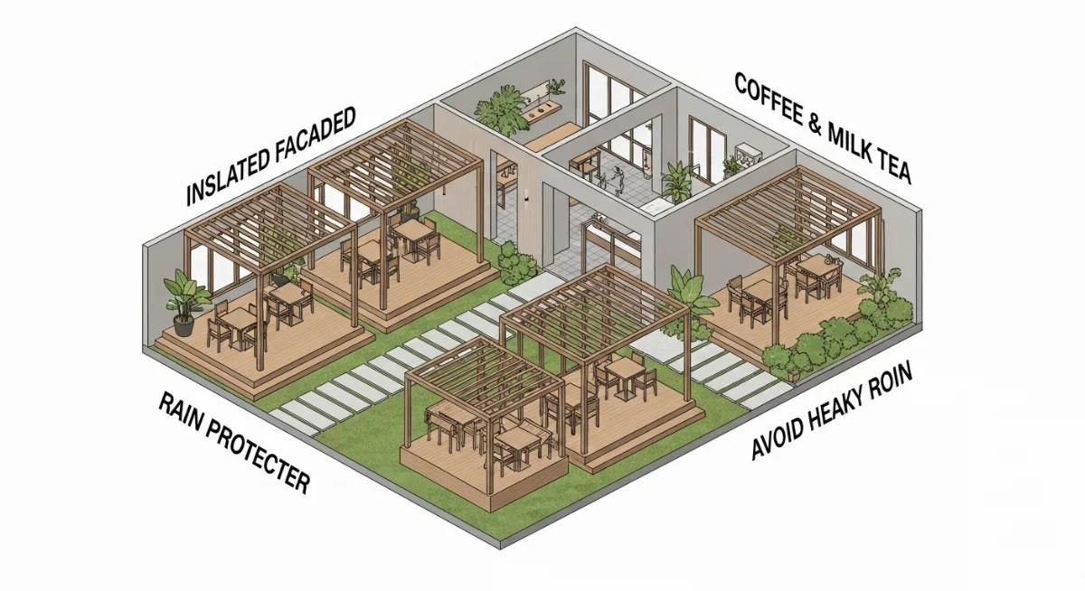 Thiết kế quán cafe chống mưa Bình Dương với mái che và không gian ngoài trời được bảo vệ