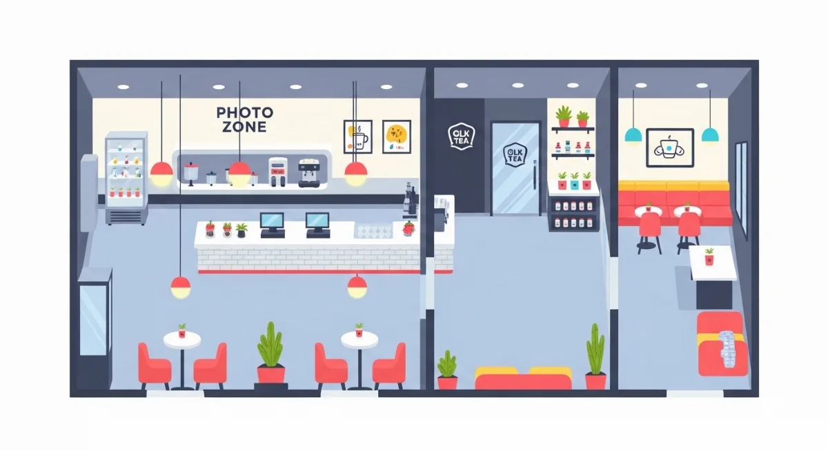 Nội thất quán cafe Hàn Quốc tối giản với bàn ghế gỗ, không gian thoáng đãng