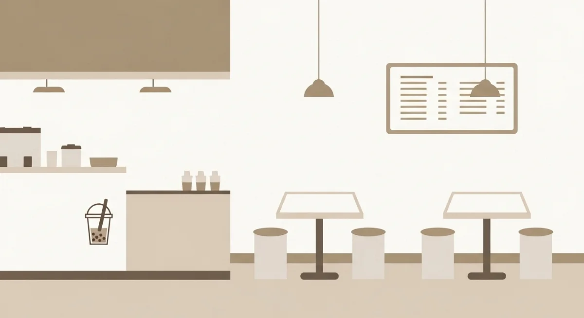 Nội thất quán trà sữa màu be tối giản và hiện đại giúp giảm chi phí