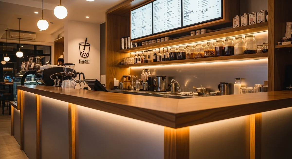 Mẫu quầy bar trà sữa 1.8m hiện đại với thiết kế tích hợp 2026