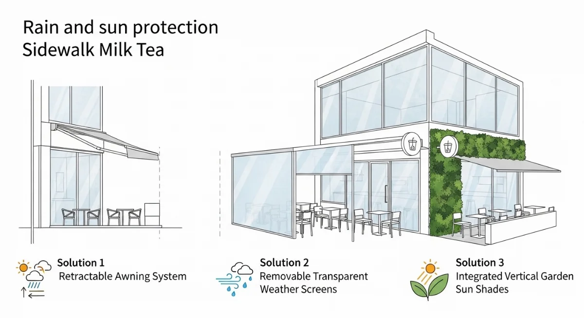 Không gian quán trà sữa vỉa hè ấm cúng với giải pháp chống mưa hắt, thu hút khách hàng