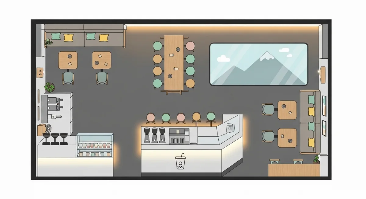 Khu vực chỗ ngồi quán trà sữa nhỏ Anh Hưng tận dụng view núi