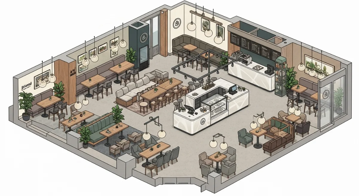 Không gian quán trà sữa 48m2 Big Nest ấm cúng với nội thất gỗ hiện đại