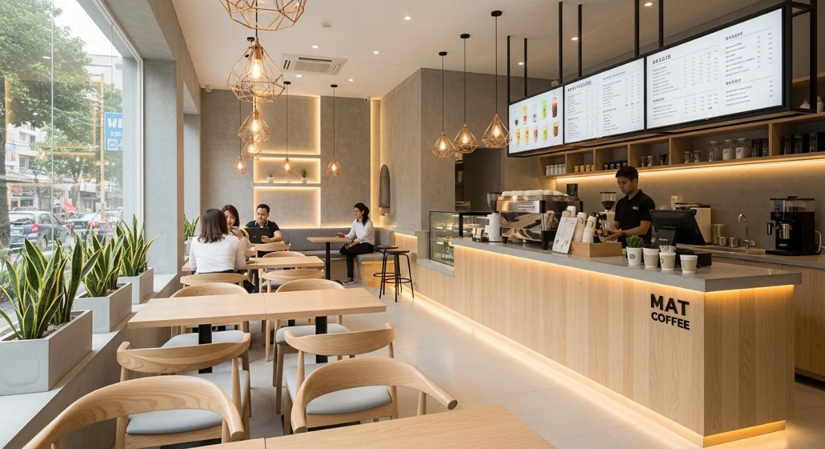 Thiết kế quán trà sữa MAT Coffee Quận 1 hiện đại và ấm cúng