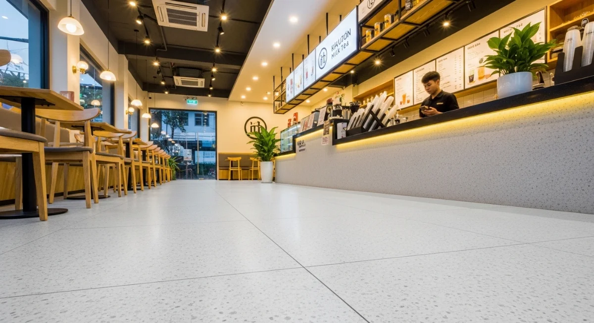 Quán trà sữa đông khách học sinh sử dụng vật liệu chống trơn sàn nhà hiệu quả