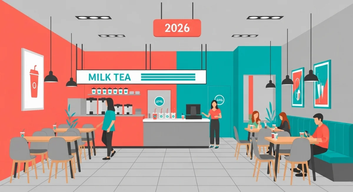 Phối màu quán trà sữa đẹp mắt, nội thất hiện đại tăng check-in