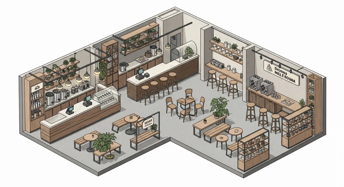 Nội thất quán trà sữa phong cách tối giản với cây xanh, ánh sáng tự nhiên