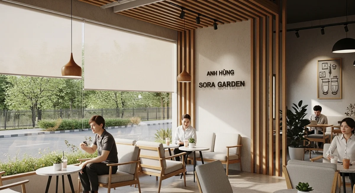Không gian quán trà sữa Sora Garden rực rỡ nhưng vẫn mát mẻ, thu hút khách hàng.