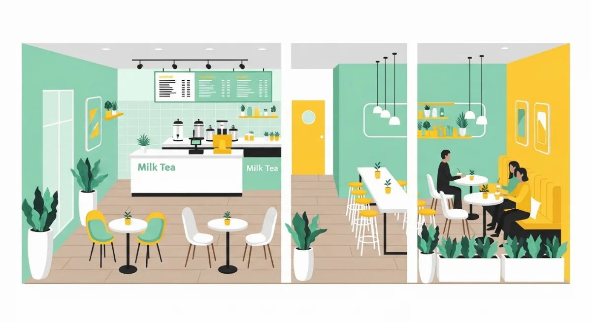 Không gian xanh mint cho quán trà sữa với thiết kế hiện đại, đầy sức sống