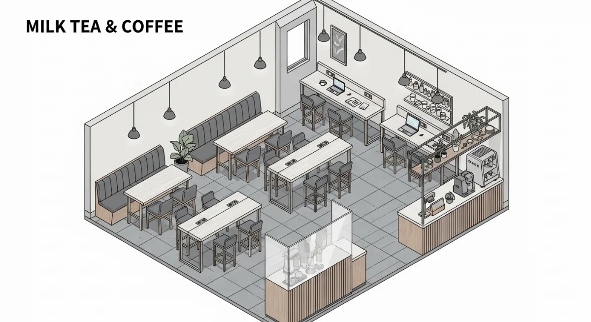 Không gian làm việc linh hoạt với bàn làm việc đứng hiện đại tại quán trà sữa