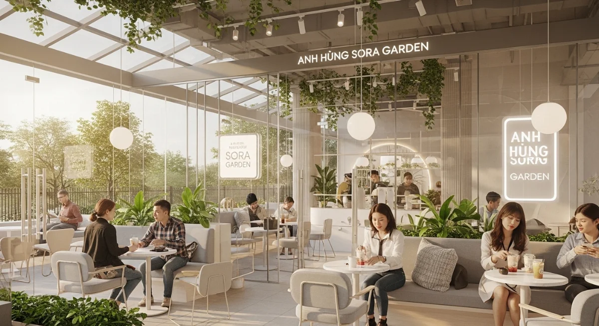 Quán Trà Sữa Anh Hùng Sora Garden với kiến trúc hiện đại và không gian thoáng đãng