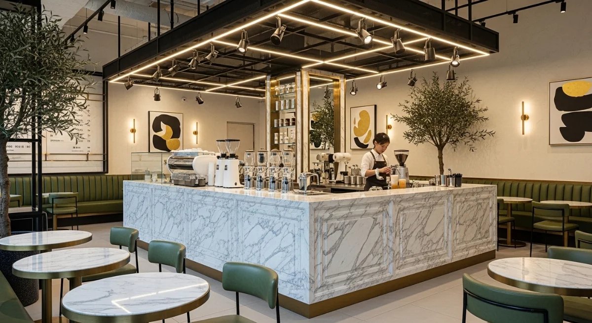 Hình ảnh quán cà phê đẹp mắt với thiết kế nội thất hiện đại và không gian xanh thoáng đãng