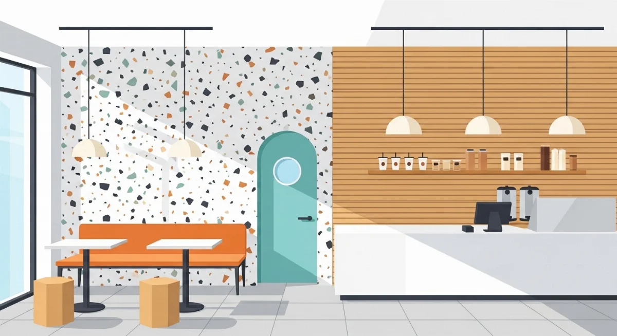 Tường ốp gỗ công nghiệp ấm áp tại một quán trà sữa phong cách hiện đại