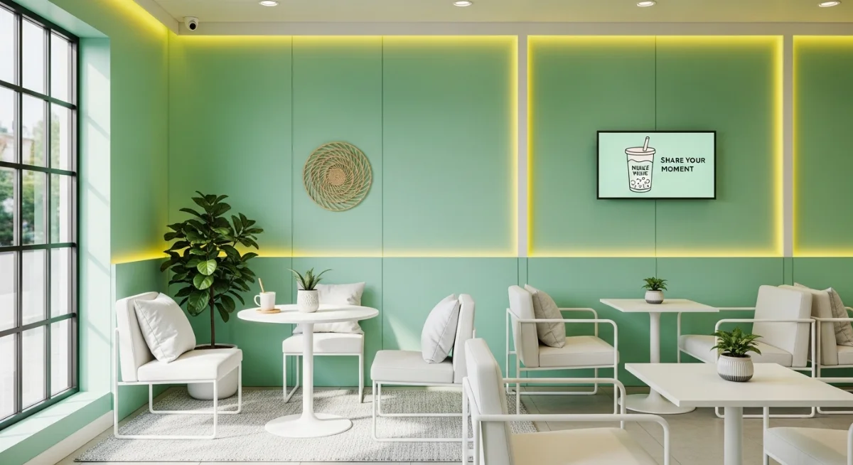 Không gian quán trà sữa màu xanh mint tươi mát trang trí đẹp mắt