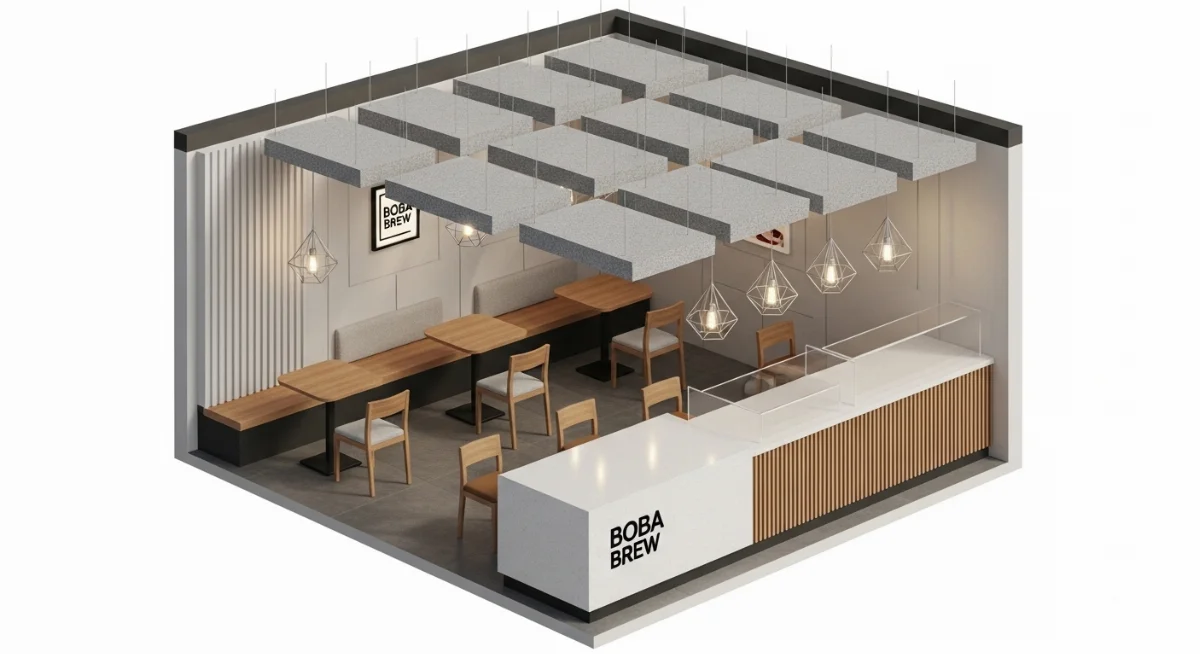 Nhân viên đang thi công sơn chống cháy A-Class lên các cột thép trong quán trà sữa