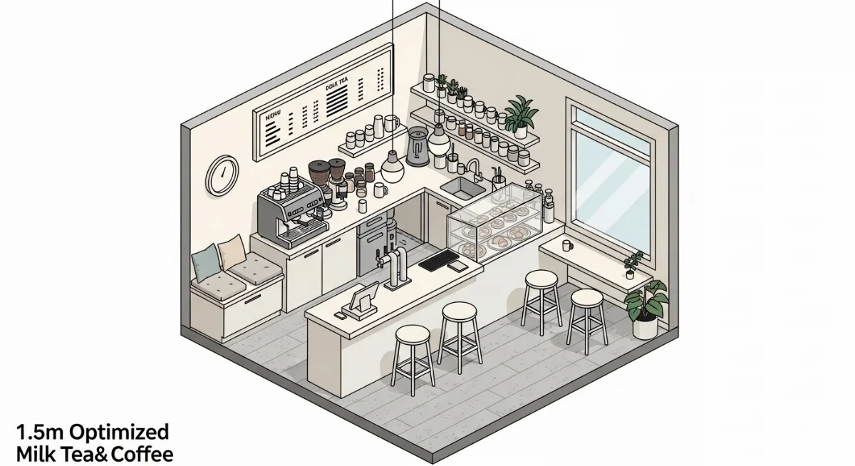 Mẫu quầy bar chữ L 1.5m cho quán trà sữa nhỏ tối ưu không gian pha chế