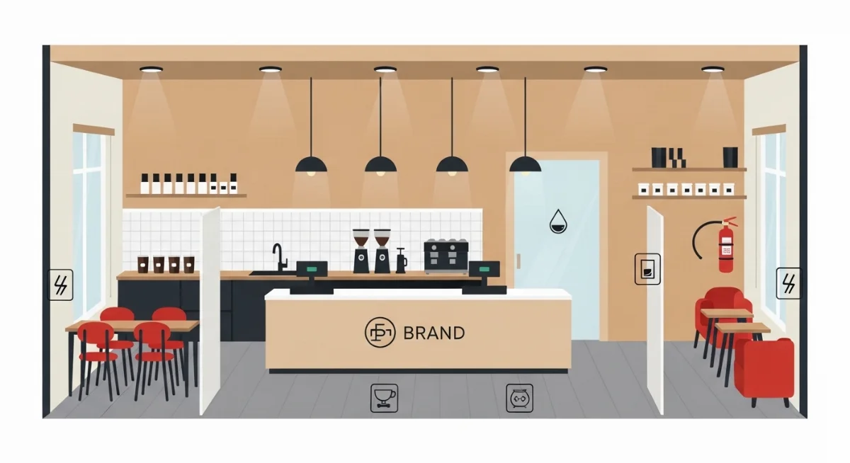 Hệ thống báo cháy tự động và lối thoát hiểm an toàn được bố trí hợp lý cho quán cà phê