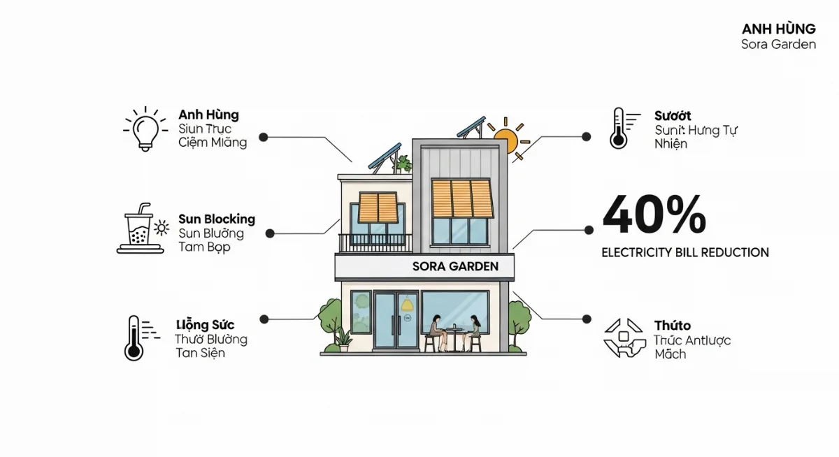 Khách hàng thoải mái tận hưởng không gian mát mẻ tại quán trà sữa Anh Hùng Sora Garden sau khi lắp vật liệu chống nắng