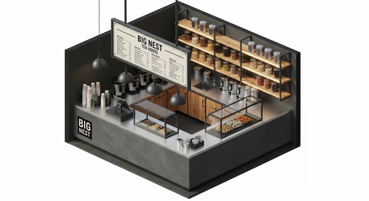 Cận cảnh vật liệu công nghiệp bền bỉ của Big Nest Tea House