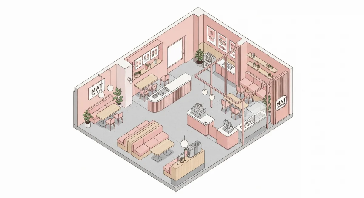 Nội thất tinh tế với đèn neon và ghế sofa màu hồng pastel tại MAT Coffee