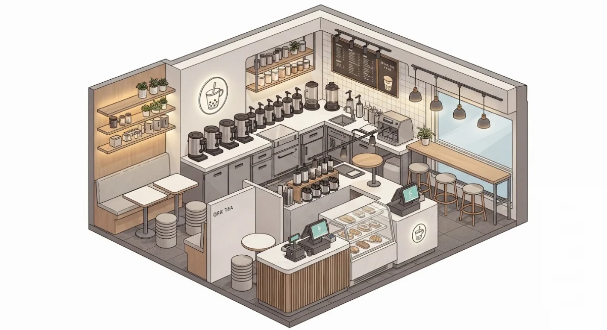 Bình chữa cháy được đặt ở vị trí dễ thấy, dễ lấy trong quán trà sữa nhỏ