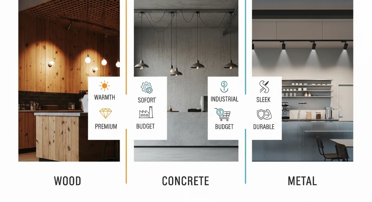 Quán cà phê tối giản với sự kết hợp hài hòa giữa bê tông thô, gỗ sáng màu và điểm nhấn kim loại