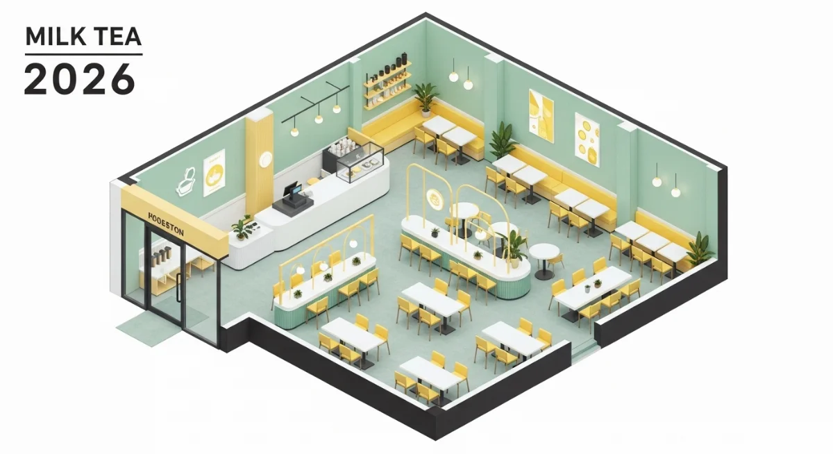 Phối màu xanh mint trắng vàng cho quán trà sữa hiện đại và thu hút