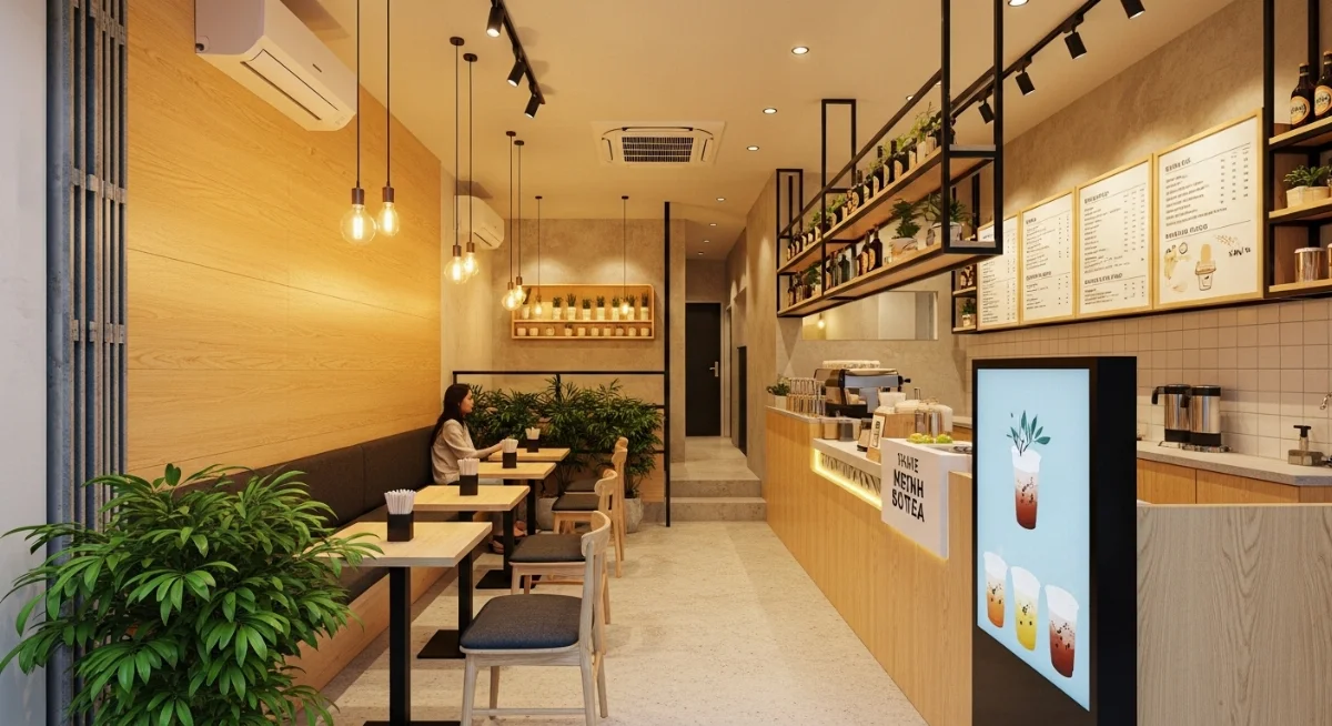 Thiết kế quán trà sữa trong hẻm TP.HCM với không gian nhỏ độc đáo và ấm cúng