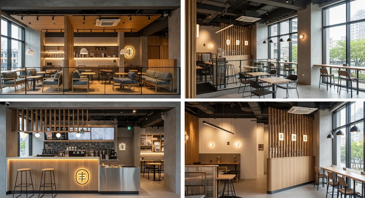 Thiết kế quán trà sữa 2 tầng hiện đại với mặt tiền ấn tượng và không gian xanh