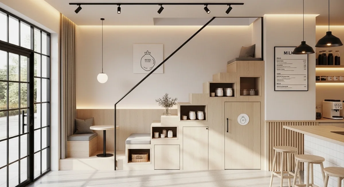 Mẫu cầu thang giả tạo độc đáo trang trí cho quán trà sữa nhỏ