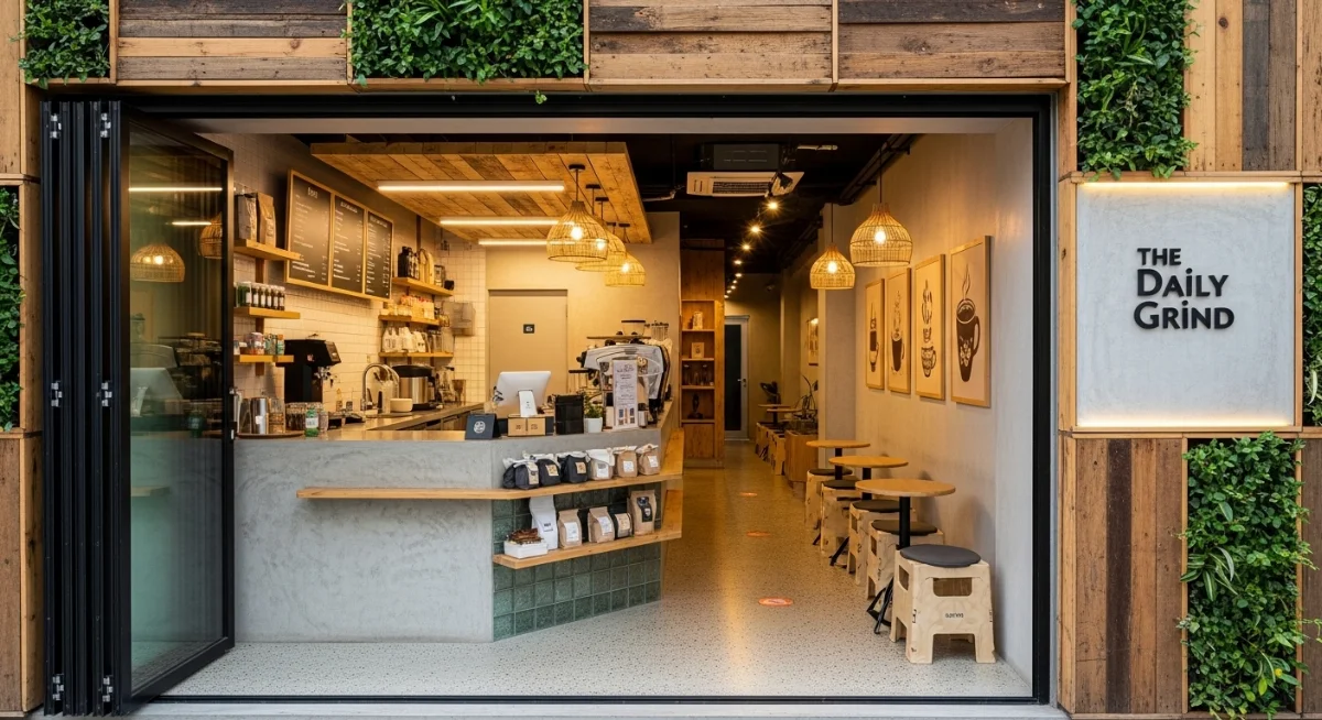 Mẫu thiết kế quán trà sữa nhỏ trong hẻm với mặt tiền ấn tượng và nhiều cây xanh