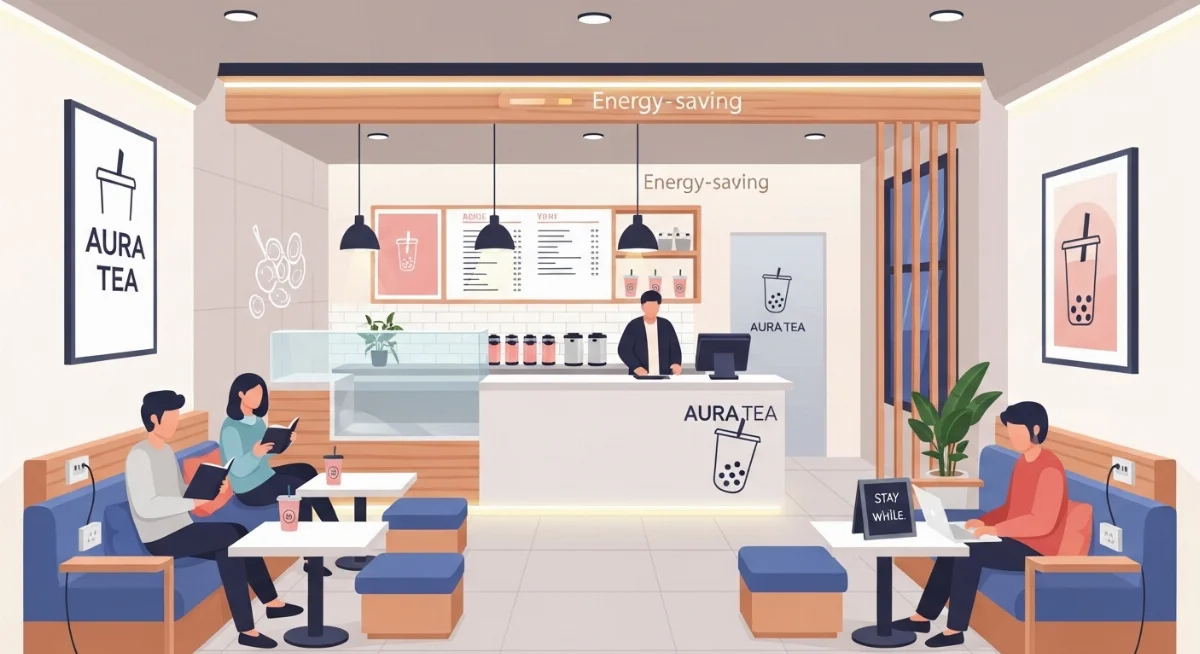 Khách hàng thư giãn với ánh sáng đèn LED ấm áp trong quán trà sữa