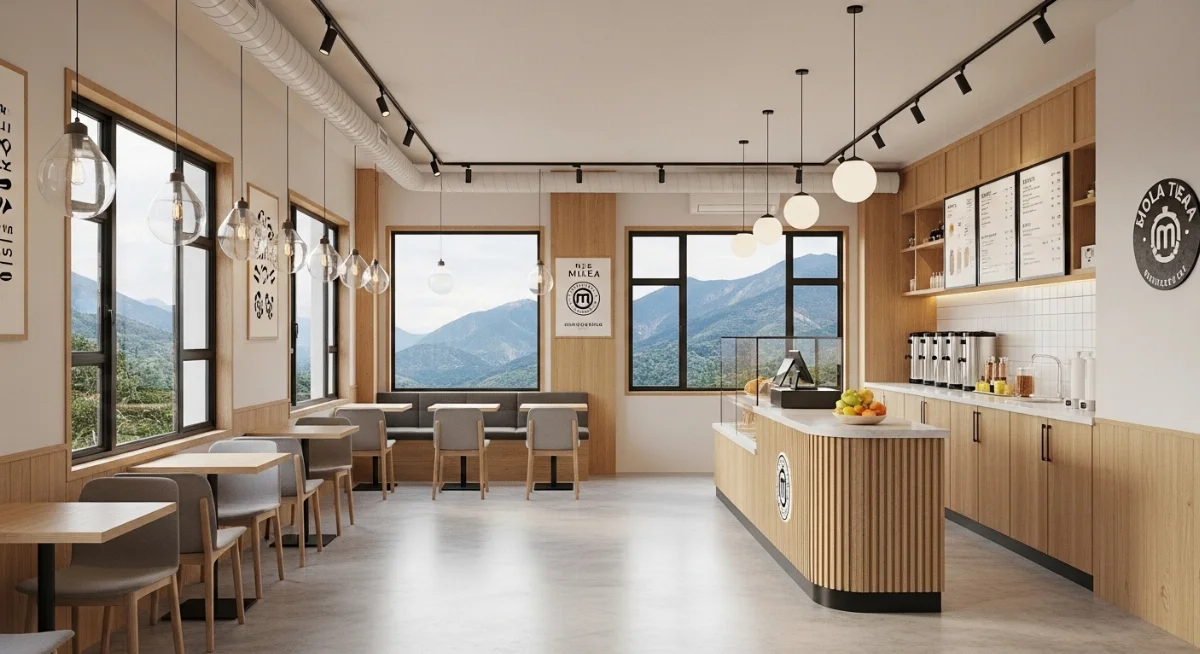 Tổng quan thiết kế quán trà sữa Anh Hưng Tây Ninh 40m2 độc đáo